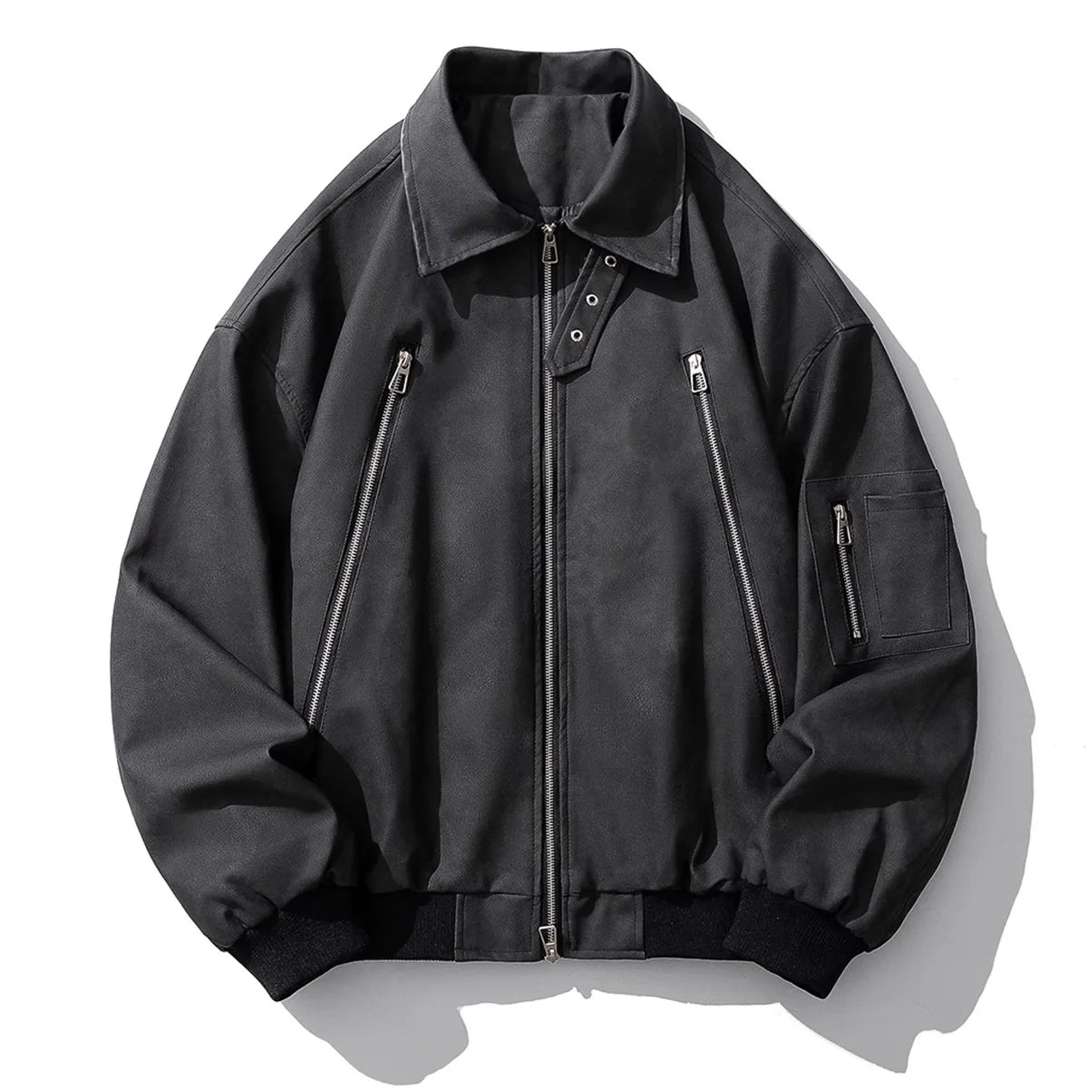 Brown Pilot PU Leather Jacket Mens 2024 New Autumn Trendy Motorcycle Coats Multiple Zippers Lapel Loose Bomber Windbreaker - Oversized Streetwear - Korean Streetstyle - Collective Oversized