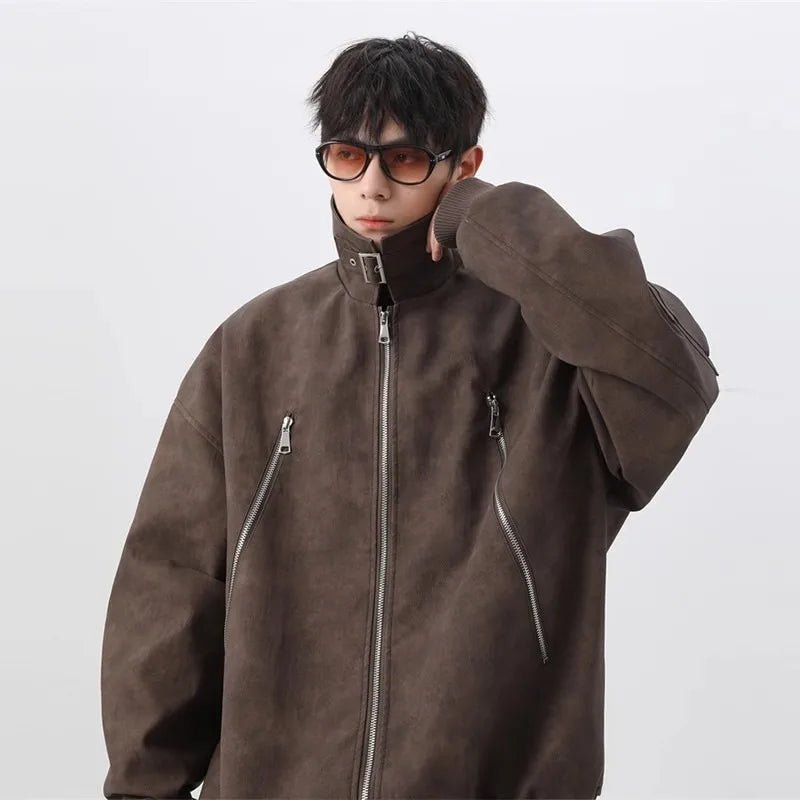 Brown Pilot PU Leather Jacket Mens 2024 New Autumn Trendy Motorcycle Coats Multiple Zippers Lapel Loose Bomber Windbreaker - Oversized Streetwear - Korean Streetstyle - Collective Oversized
