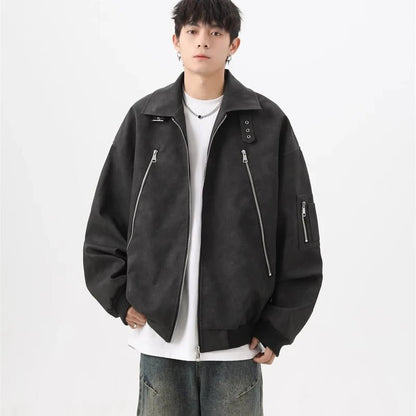 Brown Pilot PU Leather Jacket Mens 2024 New Autumn Trendy Motorcycle Coats Multiple Zippers Lapel Loose Bomber Windbreaker - Oversized Streetwear - Korean Streetstyle - Collective Oversized