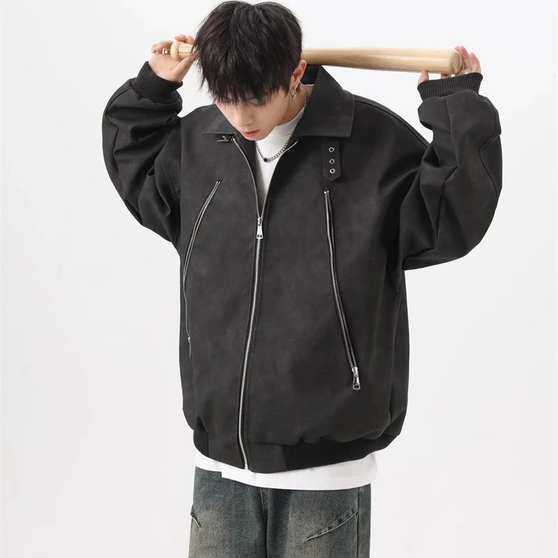 Brown Pilot PU Leather Jacket Mens 2024 New Autumn Trendy Motorcycle Coats Multiple Zippers Lapel Loose Bomber Windbreaker - Oversized Streetwear - Korean Streetstyle - Collective Oversized