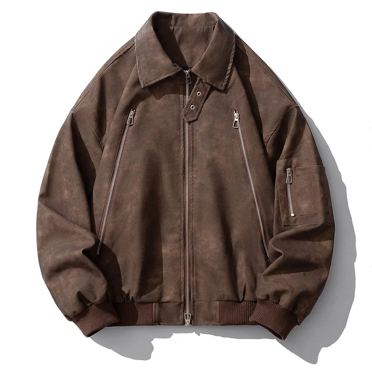 Brown Pilot PU Leather Jacket Mens 2024 New Autumn Trendy Motorcycle Coats Multiple Zippers Lapel Loose Bomber Windbreaker - Oversized Streetwear - Korean Streetstyle - Collective Oversized