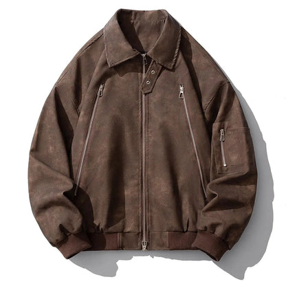 Brown Pilot PU Leather Jacket Mens 2024 New Autumn Trendy Motorcycle Coats Multiple Zippers Lapel Loose Bomber Windbreaker - Oversized Streetwear - Korean Streetstyle - Collective Oversized