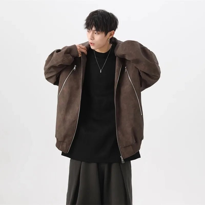Brown Pilot PU Leather Jacket Mens 2024 New Autumn Trendy Motorcycle Coats Multiple Zippers Lapel Loose Bomber Windbreaker - Oversized Streetwear - Korean Streetstyle - Collective Oversized