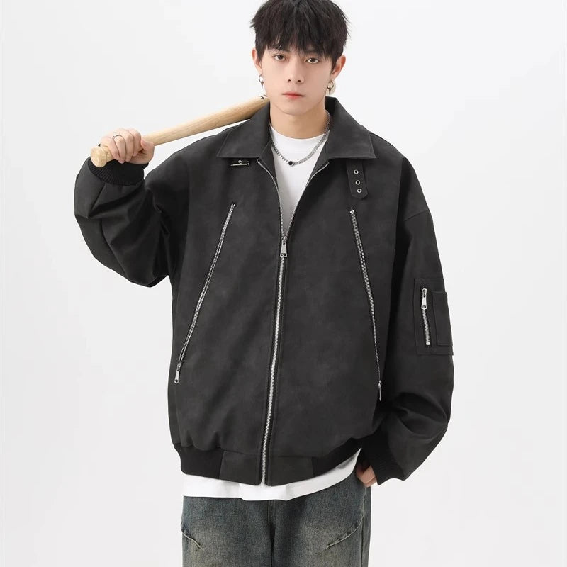 Brown Pilot PU Leather Jacket Mens 2024 New Autumn Trendy Motorcycle Coats Multiple Zippers Lapel Loose Bomber Windbreaker - Oversized Streetwear - Korean Streetstyle - Collective Oversized