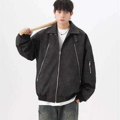 Brown Pilot PU Leather Jacket Mens 2024 New Autumn Trendy Motorcycle Coats Multiple Zippers Lapel Loose Bomber Windbreaker - Oversized Streetwear - Korean Streetstyle - Collective Oversized