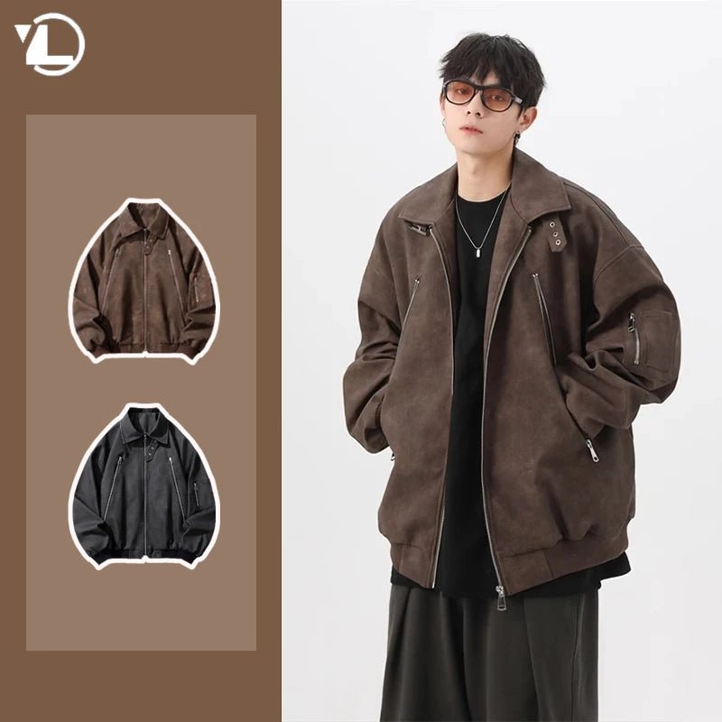 Brown Pilot PU Leather Jacket Mens 2024 New Autumn Trendy Motorcycle Coats Multiple Zippers Lapel Loose Bomber Windbreaker - Oversized Streetwear - Korean Streetstyle - Collective Oversized
