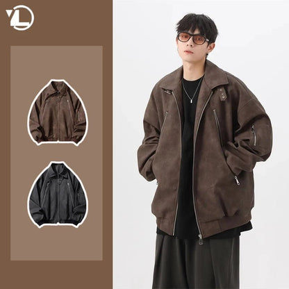 Brown Pilot PU Leather Jacket Mens 2024 New Autumn Trendy Motorcycle Coats Multiple Zippers Lapel Loose Bomber Windbreaker - Oversized Streetwear - Korean Streetstyle - Collective Oversized