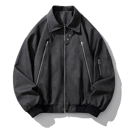 Brown Pilot PU Leather Jacket Mens 2024 New Autumn Trendy Motorcycle Coats Multiple Zippers Lapel Loose Bomber Windbreaker - Oversized Streetwear - Korean Streetstyle - Collective Oversized