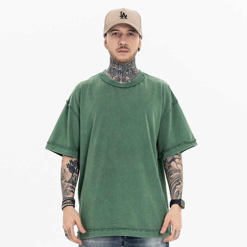 <font dir="auto" style="vertical - align: inherit;"><font dir="auto" style="vertical - align: inherit;">Lanhai Men's Wear | Spring and Summer Washed 270g Reverse Car Technology Loose Pure Color Trendy Brand Heavy Cotton Off - Shoulder Short - Sleeved T-Shirt</fon - Oversized Streetwear - Korean Streetstyle - Collective Oversized