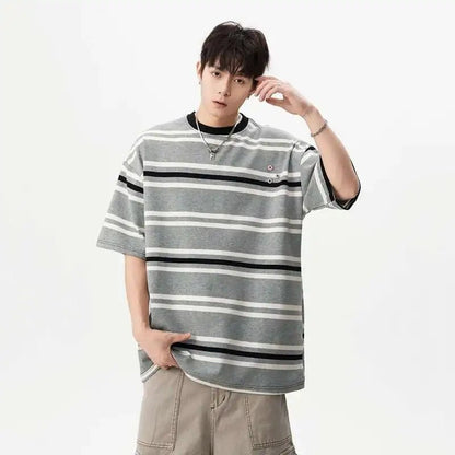Striped Navy Cotton Tee Button - Oversized Streetwear - Korean Streetstyle - Collective Oversized