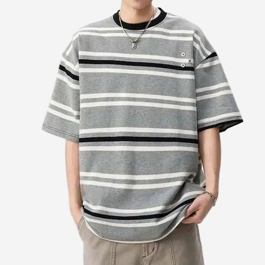 Striped Navy Cotton Tee Button - Oversized Streetwear - Korean Streetstyle - Collective Oversized