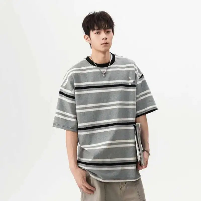 Striped Navy Cotton Tee Button - Oversized Streetwear - Korean Streetstyle - Collective Oversized