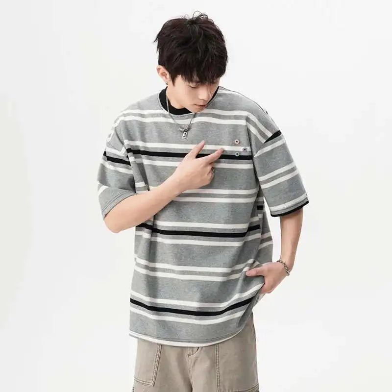Striped Navy Cotton Tee Button - Oversized Streetwear - Korean Streetstyle - Collective Oversized