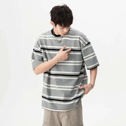 Striped Navy Cotton Tee Button - Oversized Streetwear - Korean Streetstyle - Collective Oversized