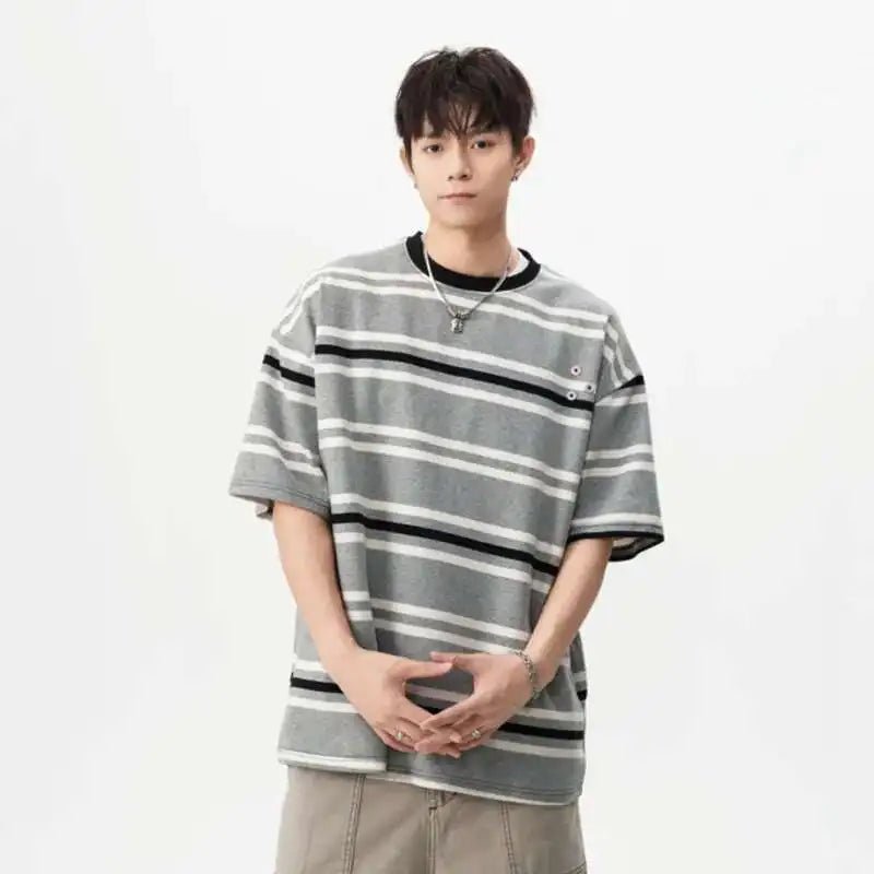 Striped Navy Cotton Tee Button - Oversized Streetwear - Korean Streetstyle - Collective Oversized