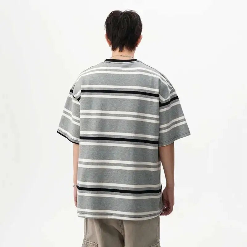 Striped Navy Cotton Tee Button - Oversized Streetwear - Korean Streetstyle - Collective Oversized